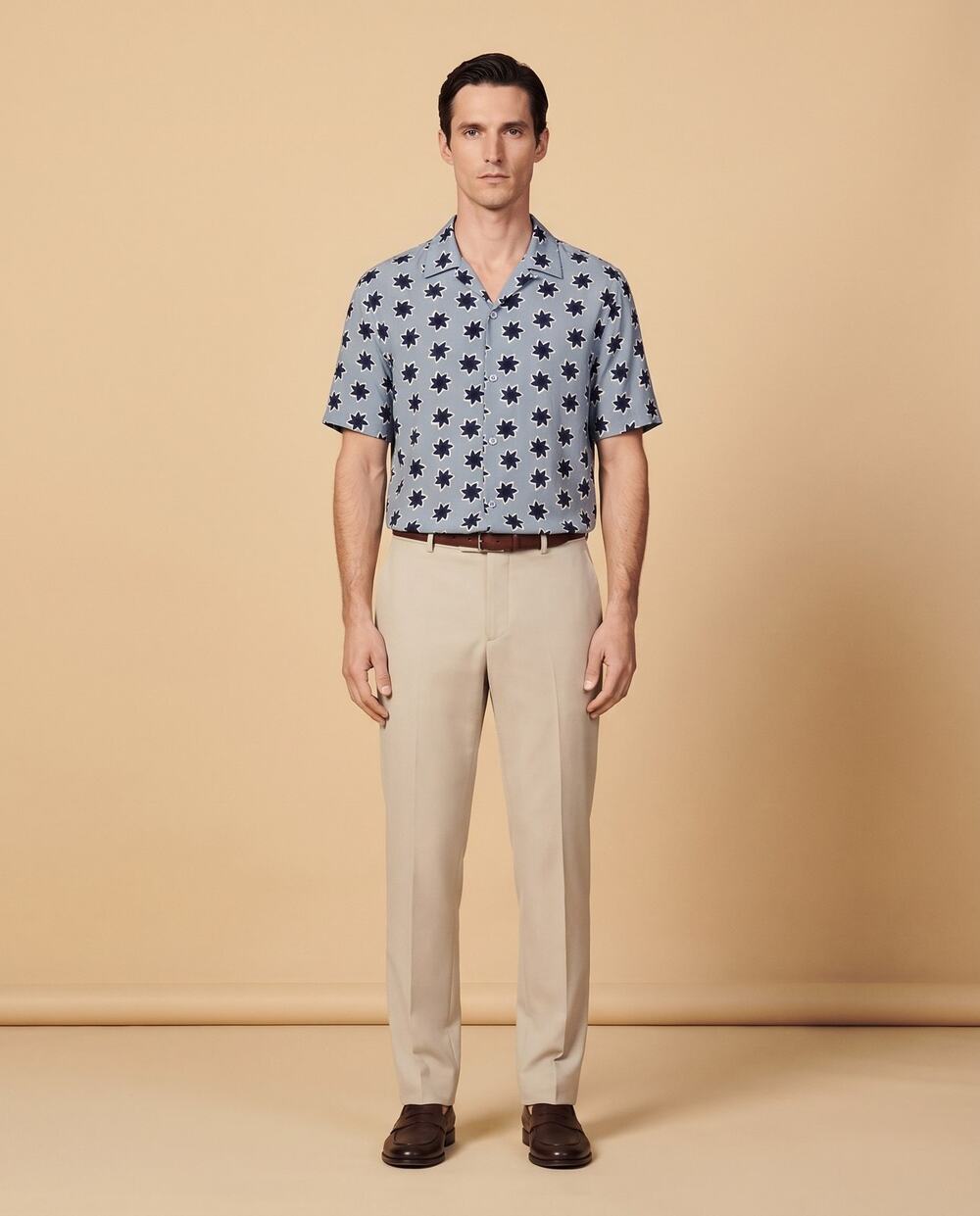 SANDRO Cold Flower Star Print Short Sleeve Shirt Blue Viscose Mens M